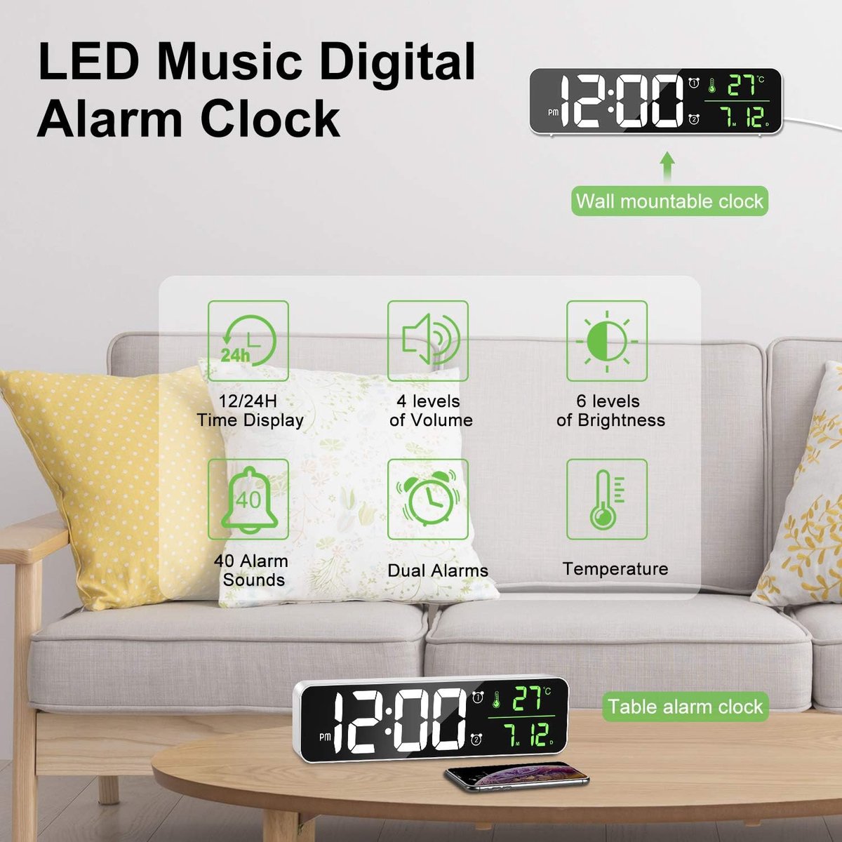 Digitale wekker – LED-spiegelwandklok – ochtendwekker met groot scherm – temperatuur en datum – 2 alarmen – 40 melodieën – 6 instelbare helderheidsniveaus – USB-klok voor thuis en kantoor – wit | Groot scherm ochtendwekker met temperatuur en datum.