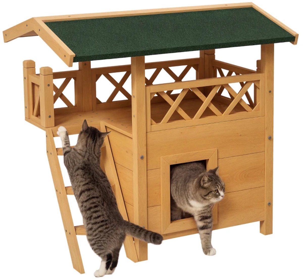 Kattenhuis - Voor buiten - Hok - Kooi - Bench - Ren - 2 verdieping - duurzaam - Naturel / Groen