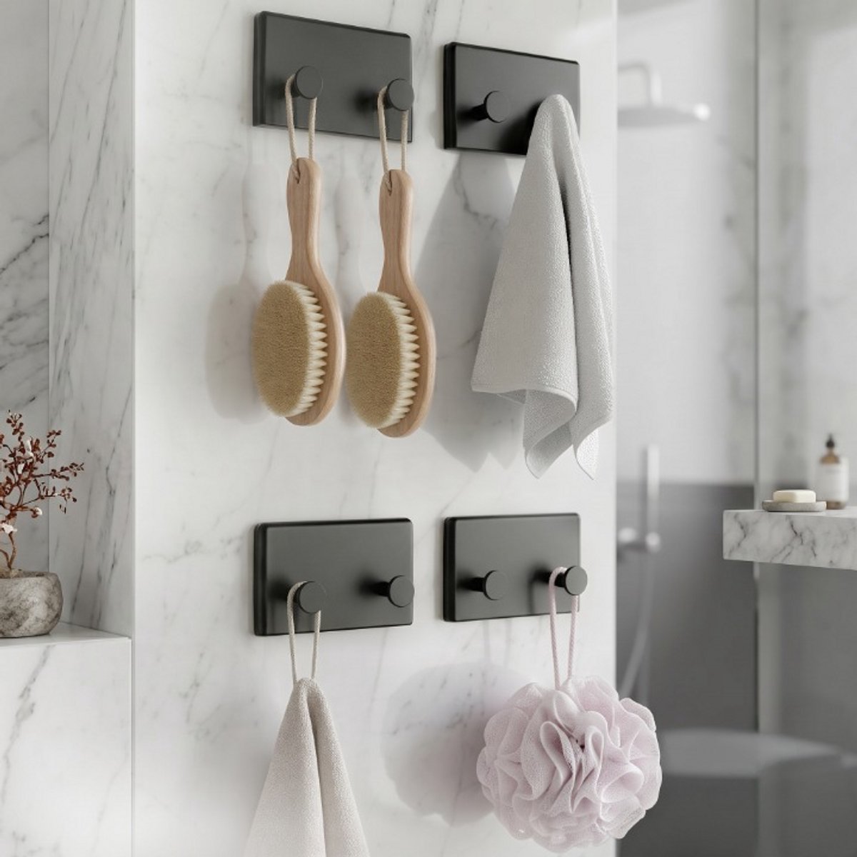 INDECOR 4-delige Zelfklevende Dubbele Wandhaken – 8 Haken Totaal – Zonder Boren – Handdoekhaak voor Badkamer & Keuken – Waterbestendig – Zwart