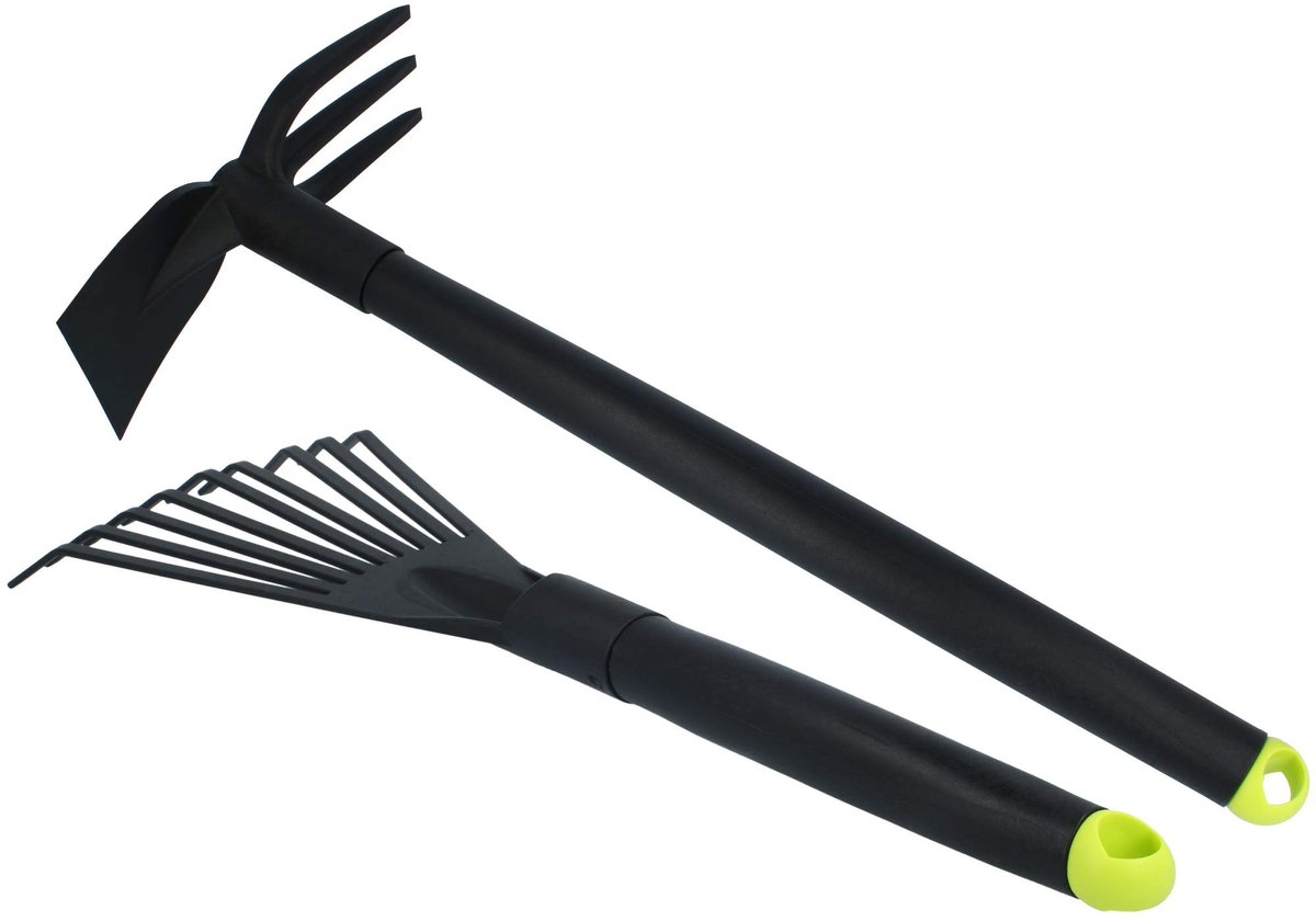 Omgoods- Tuingereedschapset 2-delig - Kleine Bezem - Dubbele Schoffel - Robuust Tuingereedschap - Vezelversterkt Kunststof - Lichtgewicht en Ergonomisch
