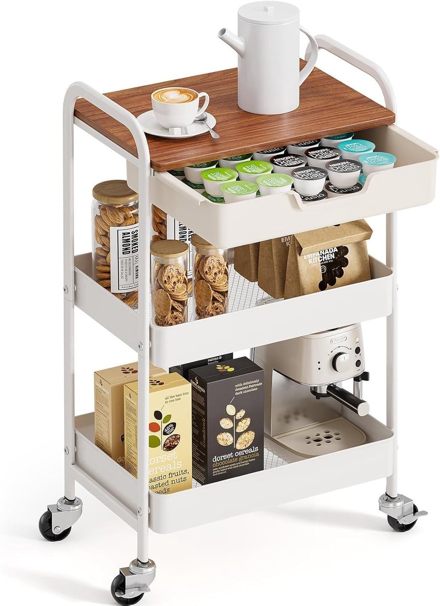 Omgoods - 3-laags Rollende Opslagwagen met Houten Bovenblad en Plastic Lade