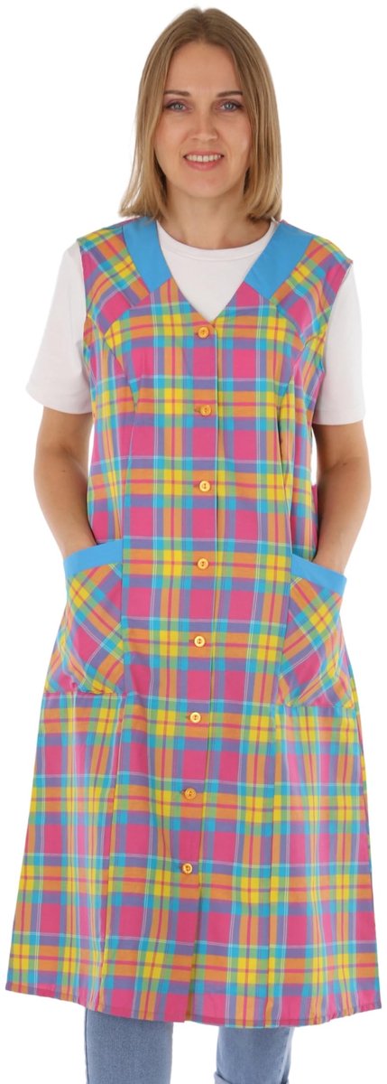 Omgoods - Dames Kittel met Knopen - Gemengd Stof Schort zonder Mouwen (Geruit, Design 6)