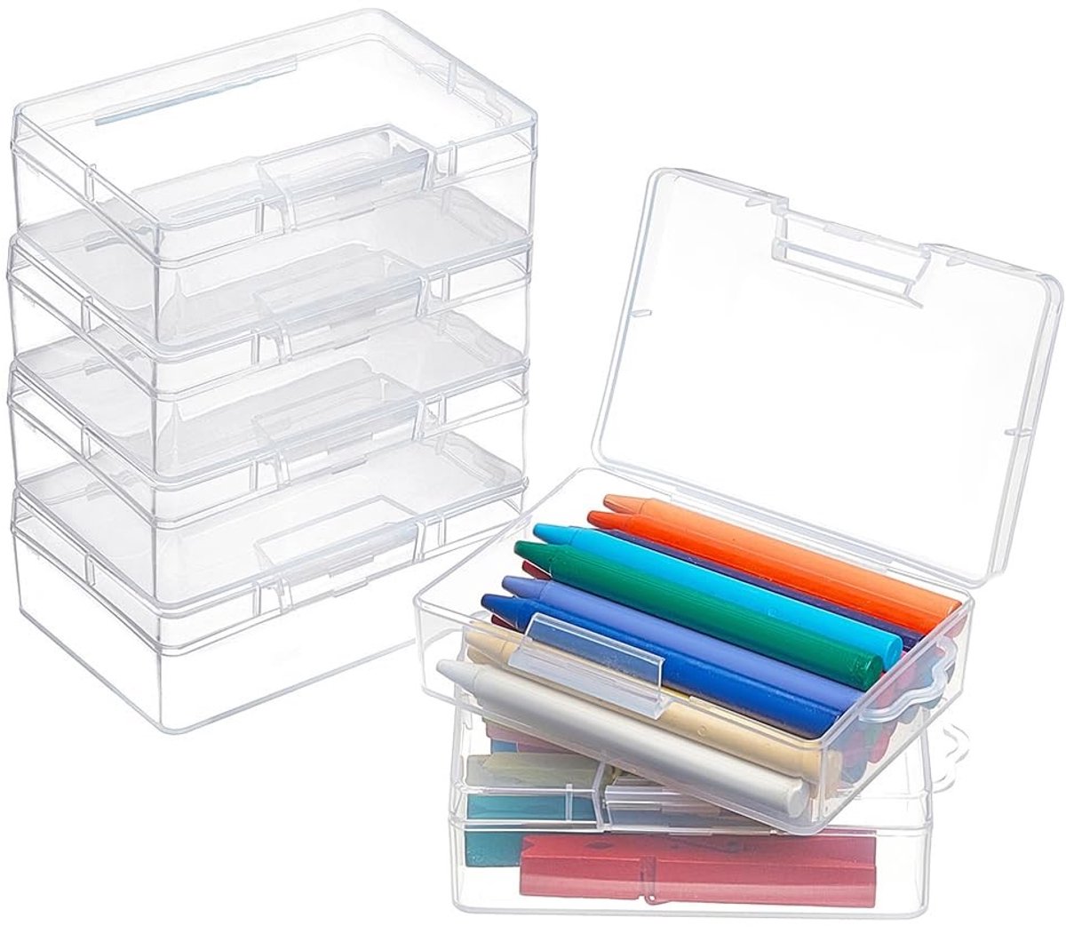 Omgoods- Opbergdozen Set van 6 - Transparante Kunststof - Klapdeksels - Lekvrij - Voor Kralen/Sieraden - Afmetingen 10 cm x 7 cm x 3,3 cm - Opbergcontainers