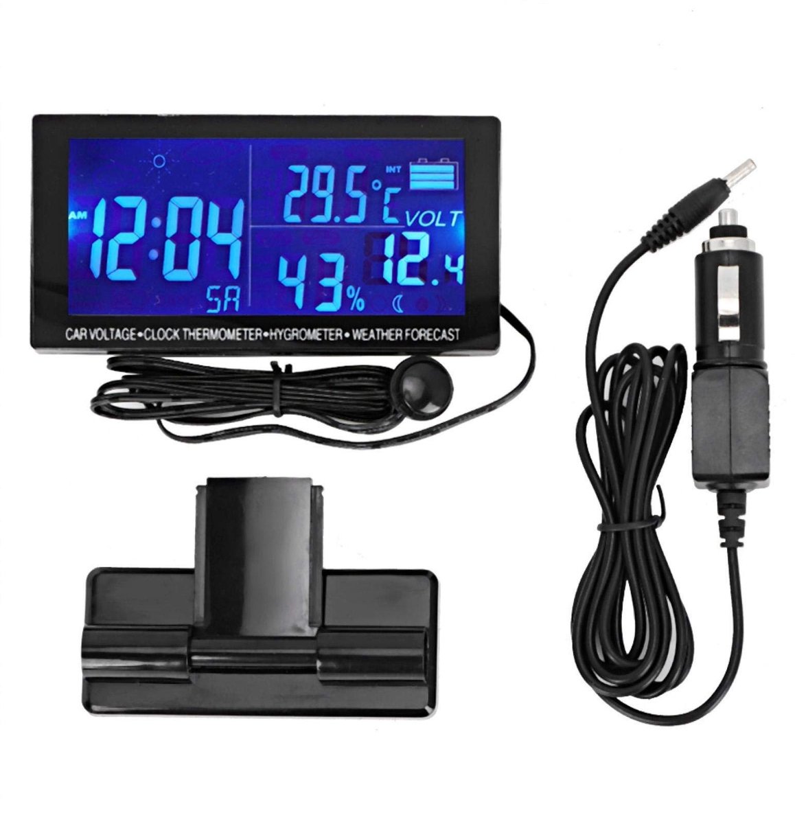 Omgoods - Multifunctionele Auto Klok Thermometer - Alarmfunctie - LCD Scherm - Hygrometer - Weerstation - 12V - Handig voor in de auto - Zwart
