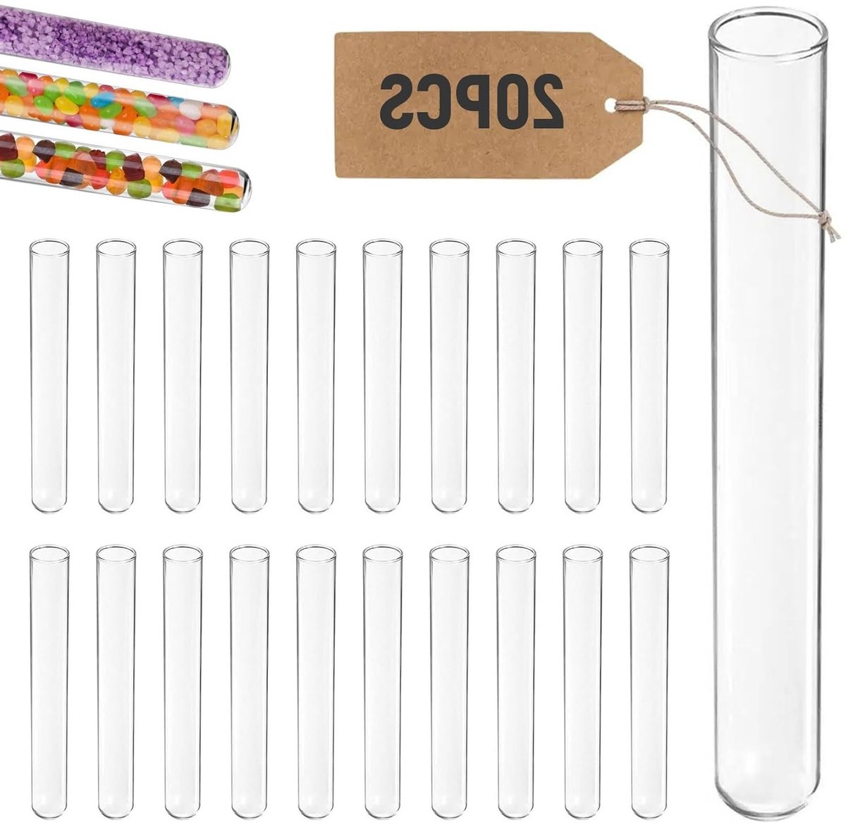 Set van 20 Glazen Proefbuizen 20 x 150 mm, Ronde Bodem, Borosilicaatglas, Ideaal voor Bloemen en Laboratoriumgebruik