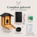 Vogelhuisje met camera, zonnepaneel, bevestigingsband, montageset en handleiding.