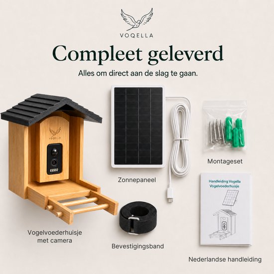 Vogelhuisje met camera, zonnepaneel, bevestigingsband, montageset en handleiding.