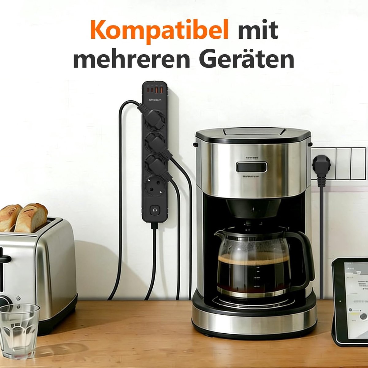 Thijox - Stekkerdoos met USB C PD 20W, 4-voudig stopcontact met overspanningsbeveiliging, 4 USB poorten (2x USB-C), 1,9m kabel, ideaal voor thuis en k