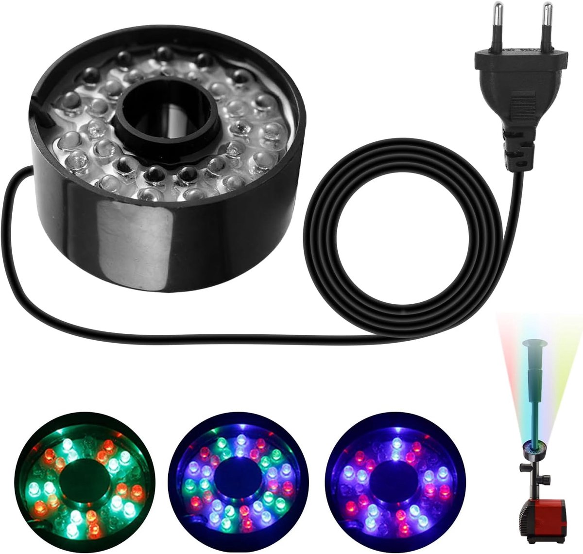 SnelShoppen - LED Ring Fonteinlamp, Kleurveranderende Ringverlichting met 7 Kleuren, Waterproof ABS, 2.9 m Kabel voor Tuin, Vijvers en Zwembaden (Zwar