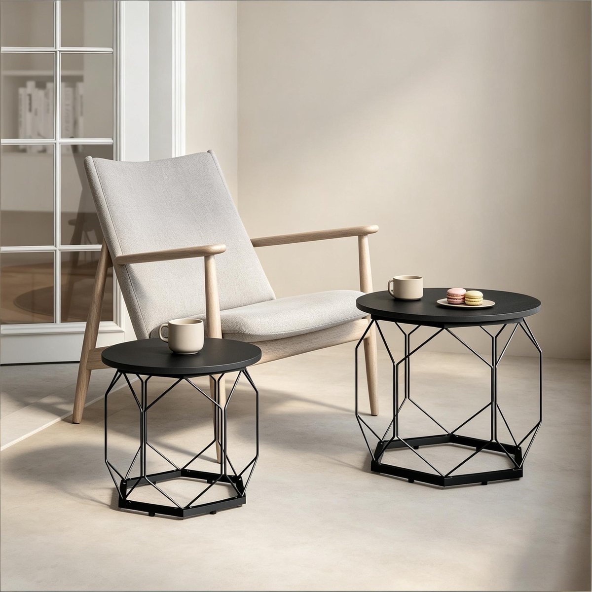DESMIU Bijzettafelset - 2 Ronde Tafels Met Afneembaar Blad En Opbergruimte - Voor Woonkamer En Slaapkamer - Hout En Metaal - 50 Cm - Zwart