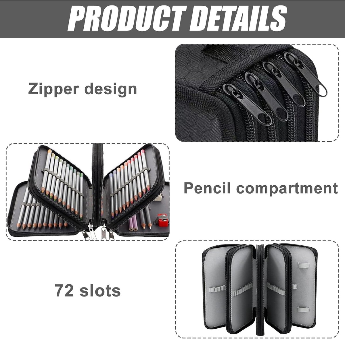 SnelShoppen - Etui met Ritssluiting 72 Sleuven, Grote Capaciteit, 4 Vakken, Waterdichte Oxford-Stof, Kantoorpen Organizer, Schoolmateriaal, Zwart
