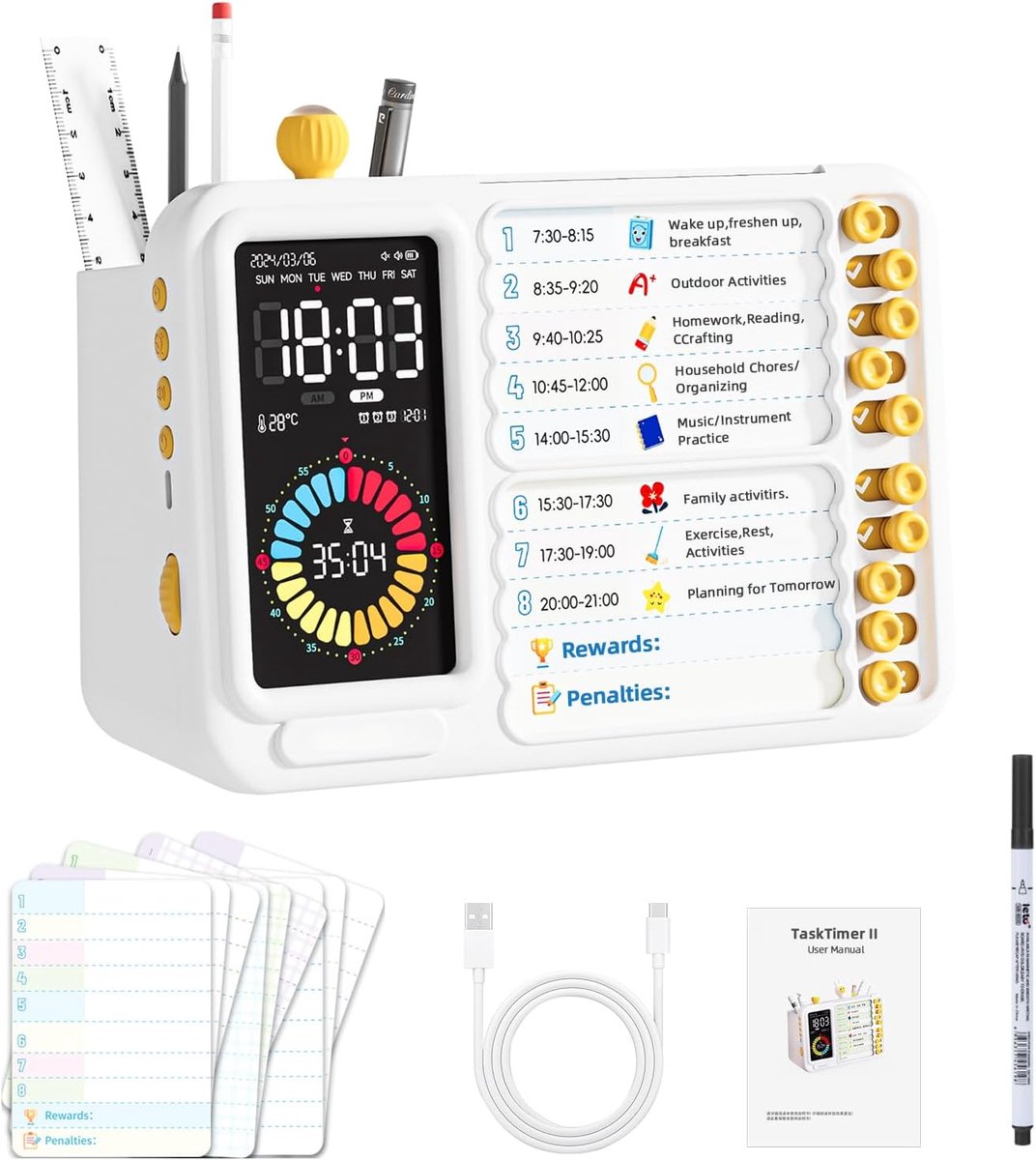 SnelShoppen - AFAITH Kids Visual Timer - Countdown Timer voor Kinderen, Takenlijst, Desk Timer, Tijdmanagement Tools, Alarmfunctie, 12/24 Uur Weergave