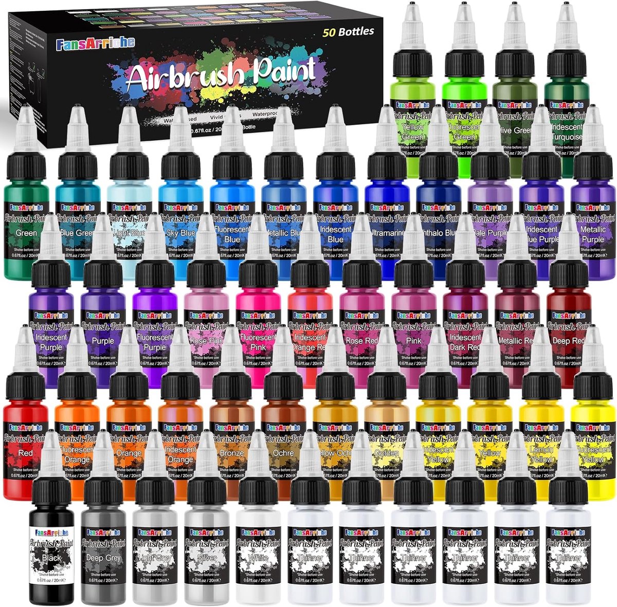 SnelShoppen - Airbrush Verf Set 44 Kleuren + 6 Wateroplosbare Verdunners, Opaque en Neon Kleurenset voor Beginners, Kunstenaars, DIY Projecten, 20ml p