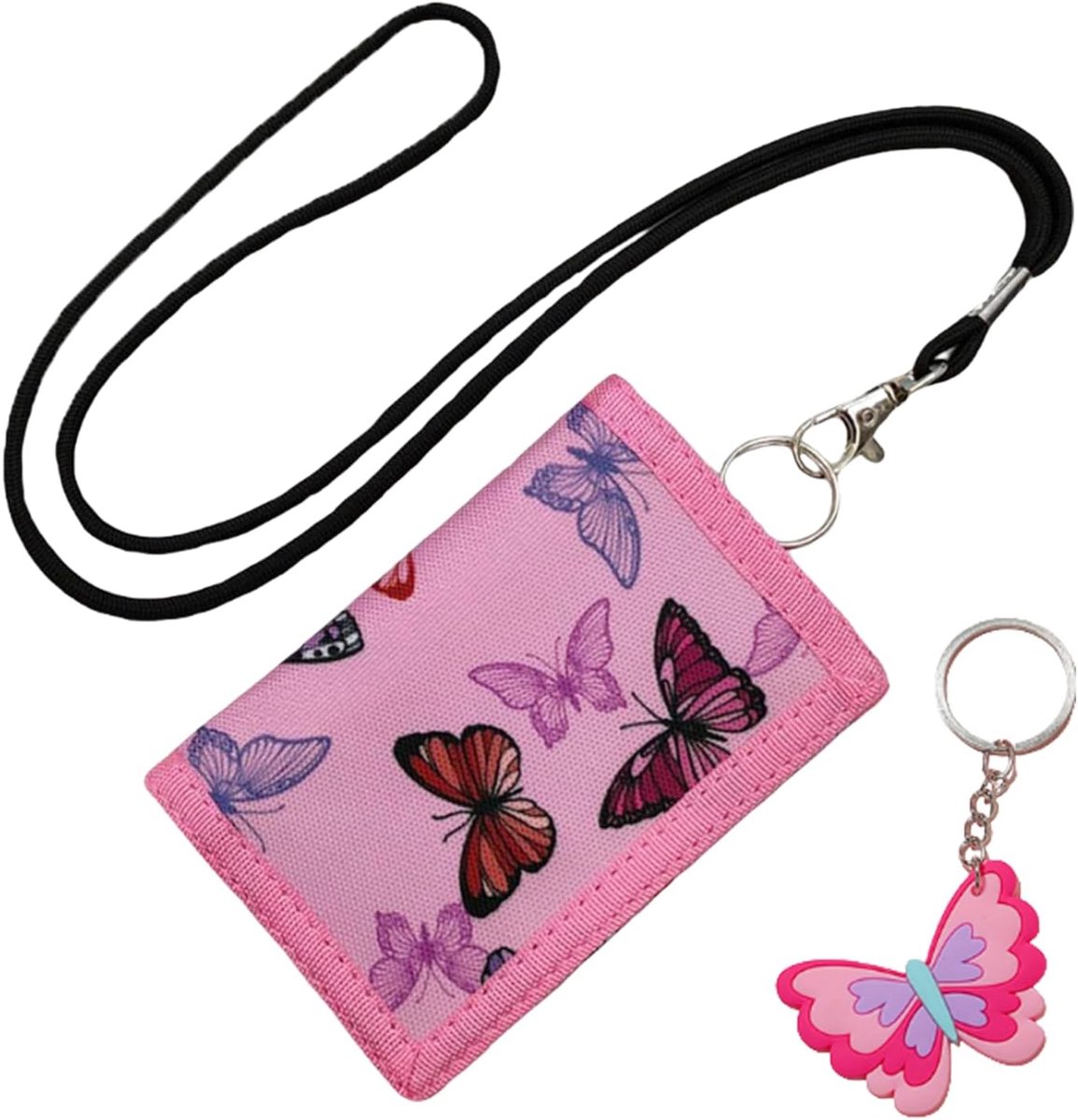 SnelShoppen - Vouwbare Kinderen Portemonnee met Carabiner Halsband en Sleutelhanger voor Jongens en Meisjes - Vlinder Design - Ideaal voor School en S