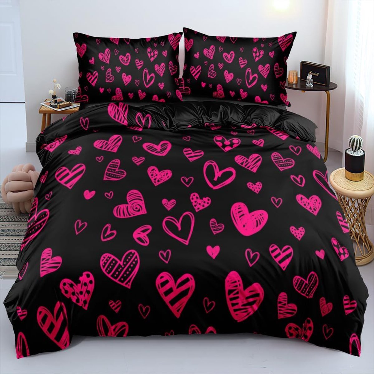 SnelShoppen - Kinderbeddeken Set 155x220 cm voor Meisjes met Roze Harten - Zachte Microfiber Dekbedovertrek met Kussenslopen - Perfect Cadeau voor Kin