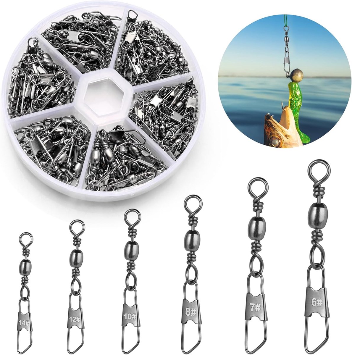 SnelShoppen - 200x Visswivels en Clips - Diverse Maten 6# t/m 14# - Duurzaam en Sterk - Ideaal voor Hengelsport, Vissen, Outdoors