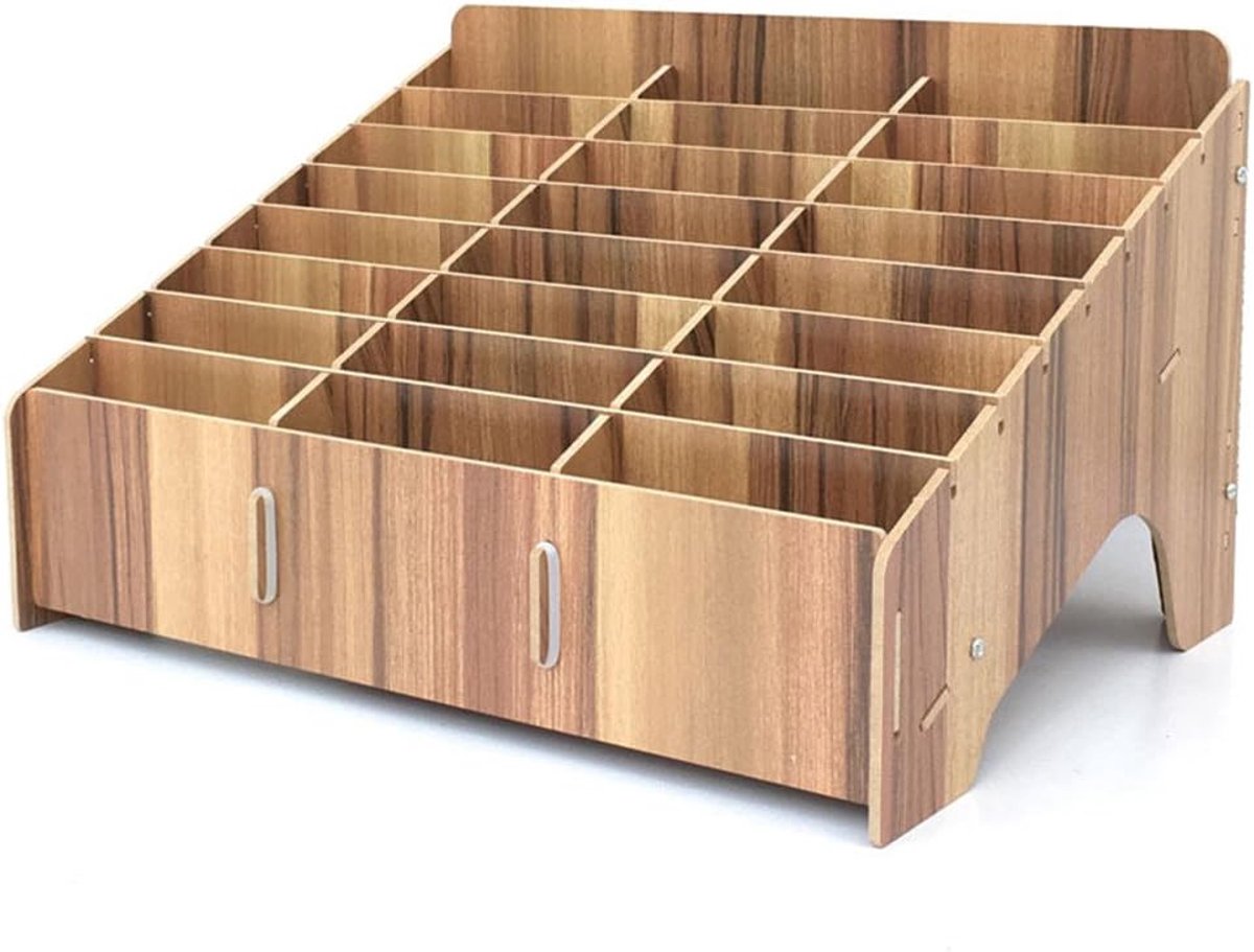 SnelShoppen - Mobiele Telefoon Opbergdoos met 24 Compartimenten, Desktop Organizer voor Kantoor en School, Bruin, Ideaal voor Lessen en Evenementen