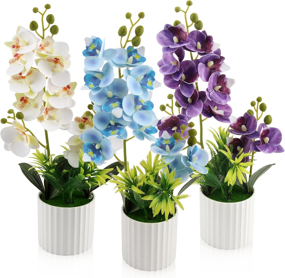 SnelShoppen - 3 Stuks Kunstorchideeën 35 cm - Kunstbloemen in Pot - 12 Bloeiende Orchideeën - Wit, Blauw, Paars - Onderhoudsvriendelijke Decoratie voo