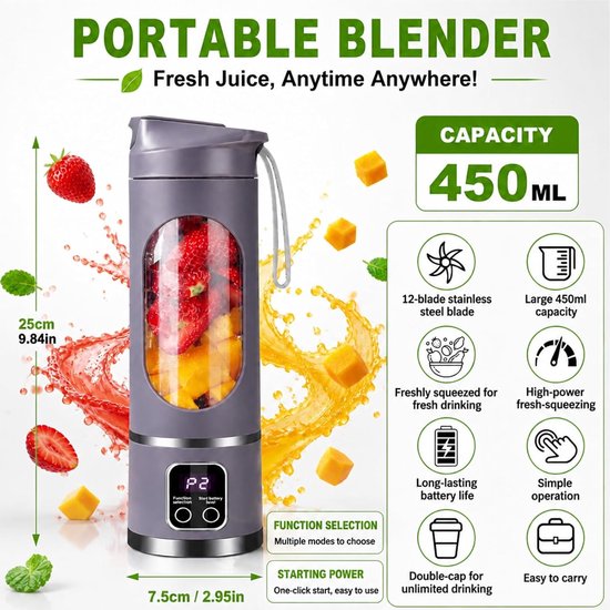SnelShoppen - Draagbare Blender Smoothie Maker To Go 500 ml met LED-Display, 12 Messen, USB Oplaadbaar, BPA-vrij, Ideaal voor Sport, Reizen, Kantoor e van Snelshoppen — afbeelding 5