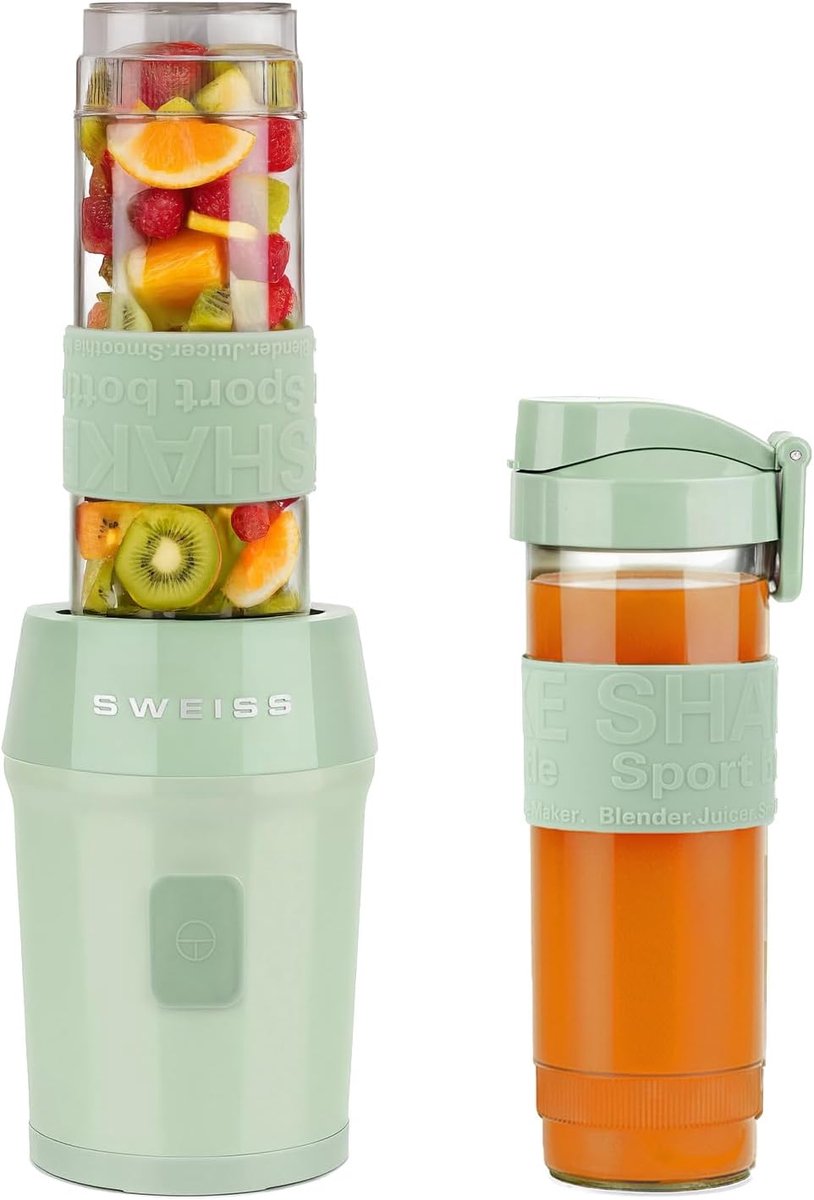 SnelShoppen - Mini Blender, Draagbare Mixer, Smoothie Maker MOOV7, 2x570ml Drinkflessen met Reisdeksel, 4 RVS Messen, 300W, Afwasmachinebestendig, Gro