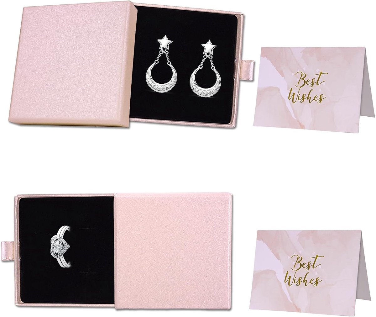 SnelShoppen - 2 Stuks Kleine Sieraden Doosjes met Deksel, Perfect voor Oorbellen, Ringen, Armbanden, Kraft Papier, 8 x 8 x 1.8 cm, Inclusief 2 Wenskaa