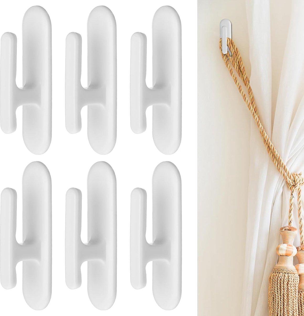 SnelShoppen - 6 Stuks Zelfklevende Gordijnhaken - L-vormige Adhesieve Haken voor Gordijnen - Ideaal voor Badkamer, Thuis, Kantoor, Decoratie - Wit
