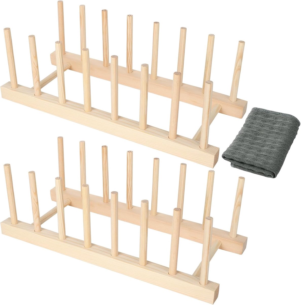SnelShoppen - 2 Stuks Houten Bordenstandaard en Potdekselhouder - Afdruiprek voor Keuken met 7 Vakken - Multifunctionele Organizer voor Borden, Kopjes