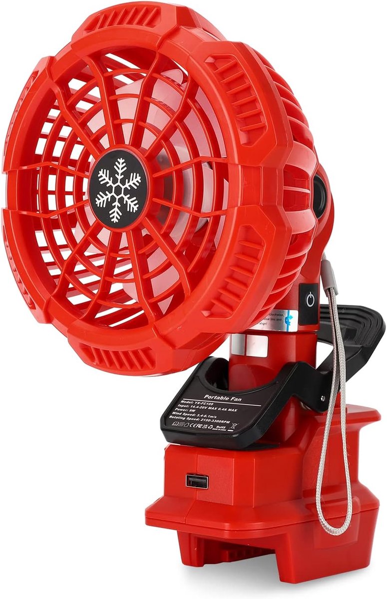 SnelShoppen - Draagbare Clip-on Fan voor M18 Accu, 18V Stille Ventilator met 3 Energiezuinige Snelheden voor Slaapkamer, Buiten, Kamperen en Bouwplaat