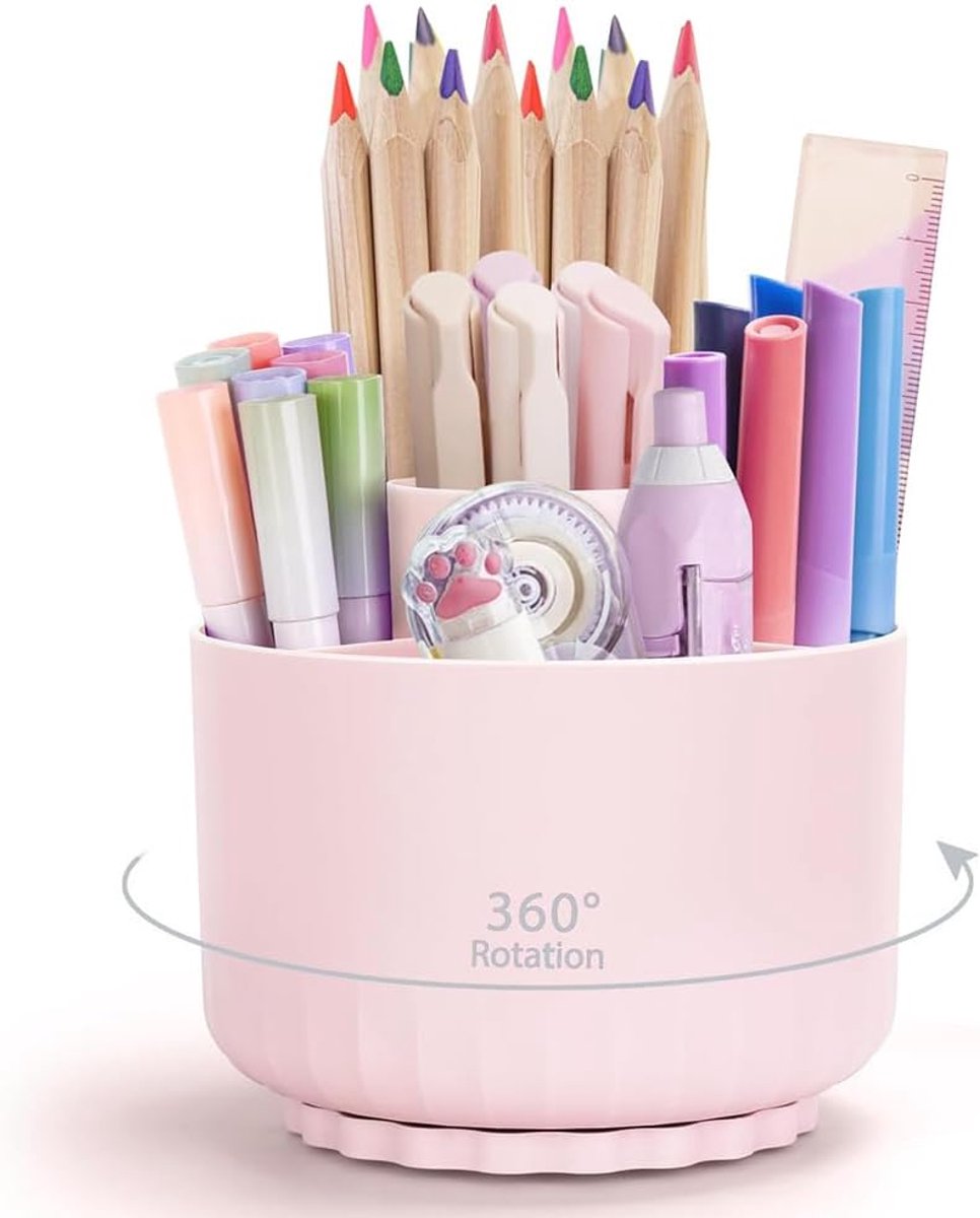 Thijox - Draaibare Pennenhouder Bureau-Organizer 360 Graden - Multifunctionele Potloodhouder met 5 Vakken - Roze Kleur - Ideaal voor Kantoor en School
