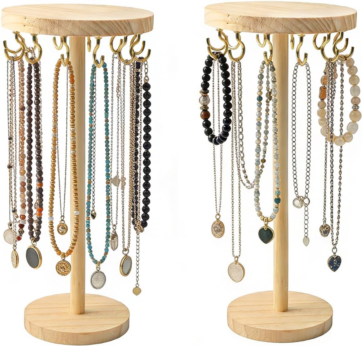 SnelShoppen - 2 Pcs Houten Jewelry Stand met 12 Haakjes - Portabele Sieradenhouder voor Kettingen, Armbanden, Oorbellen en Ringen - Perfect voor Organ