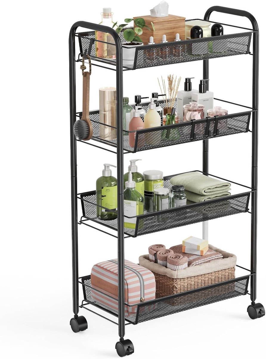 SnelShoppen - 4-Laags Rolling Cart, Mobiele Opslag Trolley, Mesh Opslagwagen, Metalen Keuken, Badkamer, Slaapkamer, Woonkamer, Zwart