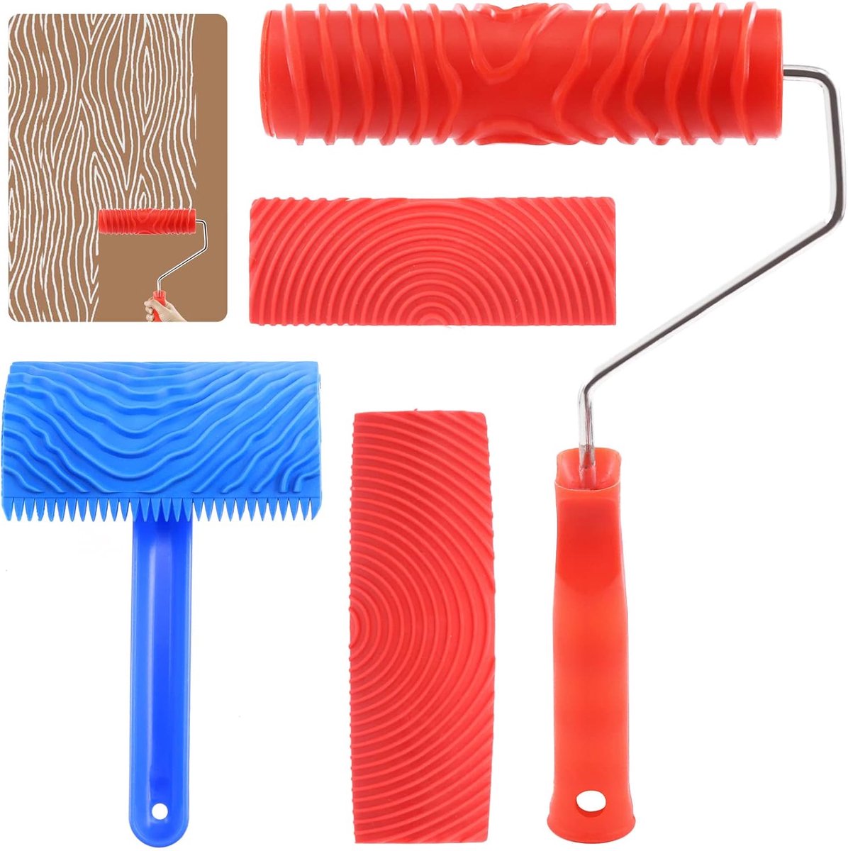 SnelShoppen - Wood Graining Pattern Painting Set - Rubber Empatic Grain Pattern Roller Painter met Handle voor DIY Wanddecoratie - Imitatie Hout Textu