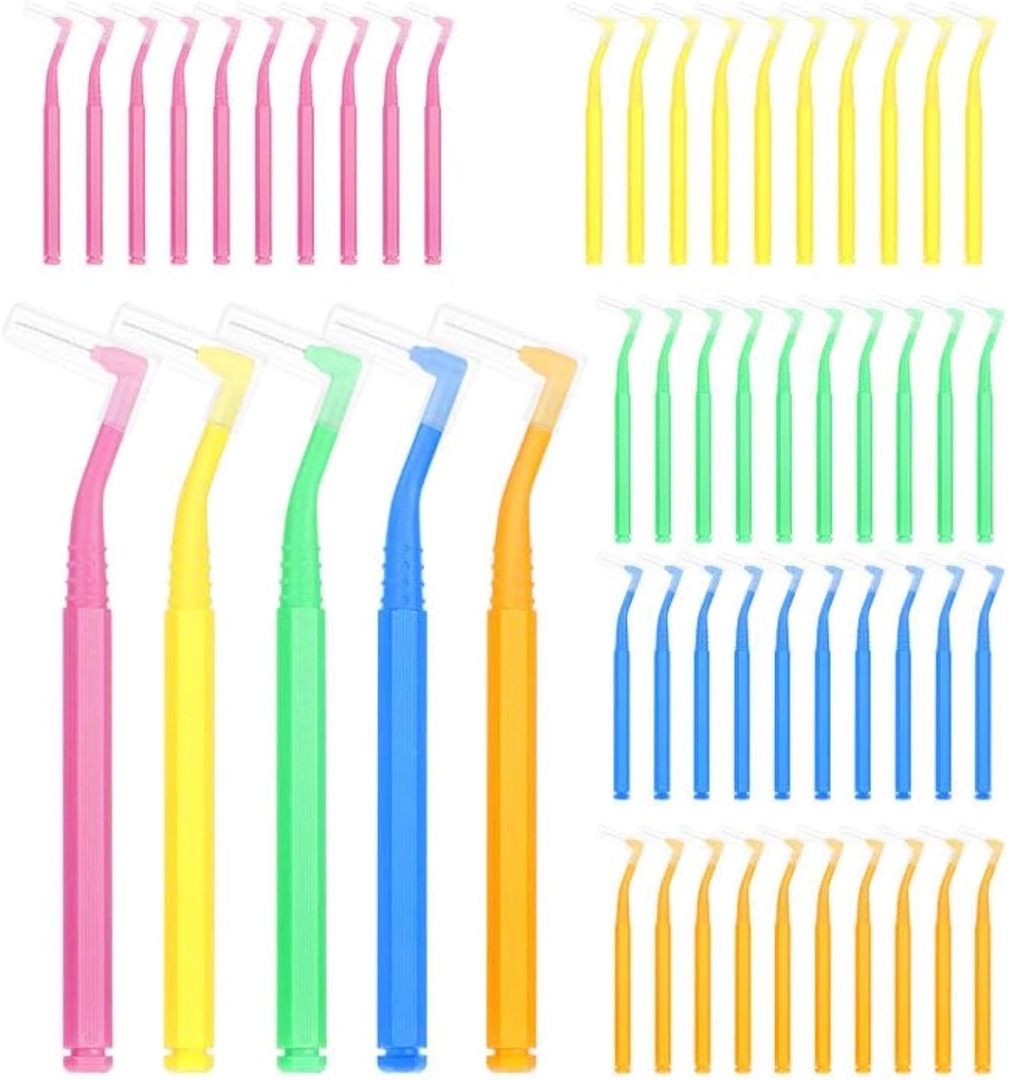 SnelShoppen - Pack van 50 Interdental Brushes, Kleurrijk, 5 Maten (0.65-1.55mm) Hoek Interdentale Borstels voor het Reinigen van Beugels en Tanden