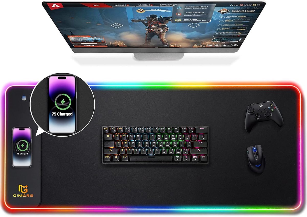 Thijox - XXL Gaming Muismat RGB met Draadloze Oplader, 15W, 10 LED Lichtmodi, 800x300x4mm, Anti-slip Rubber, Premium Glad Oppervlak voor PC, Kantoor e