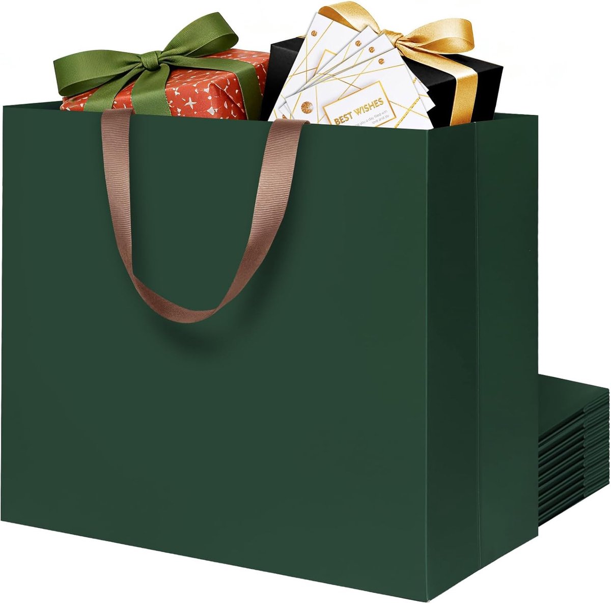 SnelShoppen - 10 Stuks Luxe Grote Cadeauzakken Groen XL 43x13x32cm met Wenskaarten - Papieren Tassen voor Verjaardag, Bruiloft, Kerst, Valentijns, Sin
