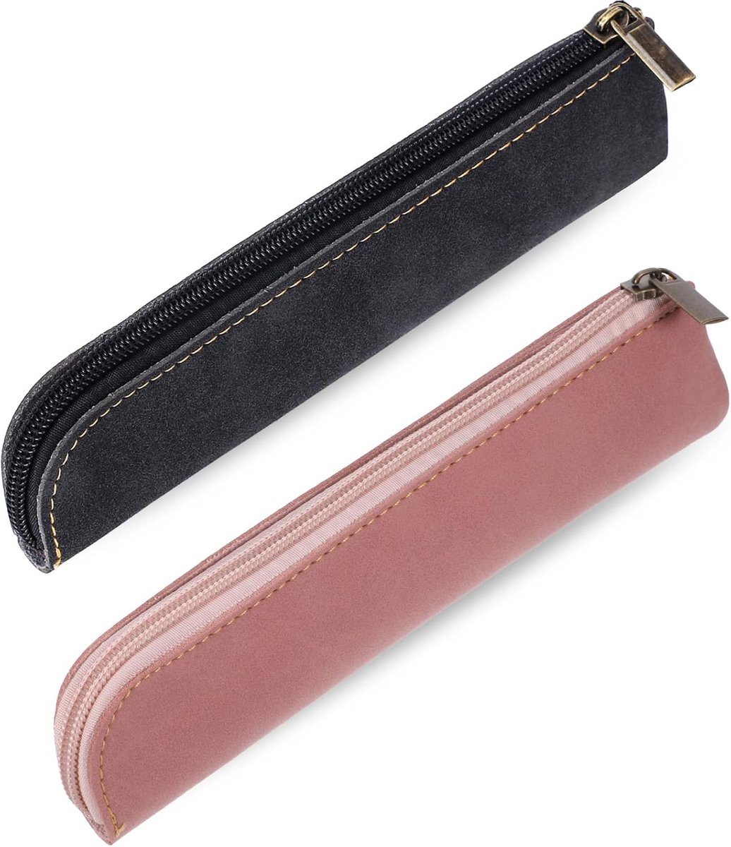 Thijox - Lederen Potloodzakje Set van 2 - Slanke Etui, Draagbaar en Klein - Zachte Platte Pennenzakken met Rits - Eenvoudige Make-up Tas en Lippenstif