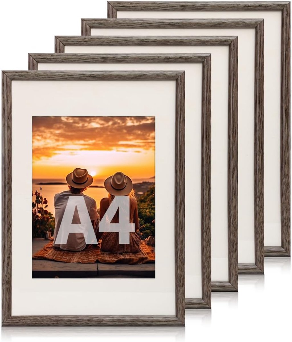 SnelShoppen - 5-Piece A4 Fotolijst Set - PVC Met Passe-Partouts - Wand- of Tafelframe - Walnoot Houtlook - 21 x 29.7 cm