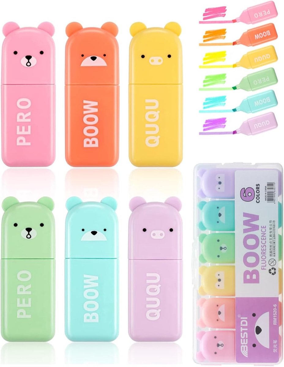 Thijox - 6 Schattige Mini-Markeer Stiften Set - Fluorescerende Berenvorm - Esthetische Pastel Stiften voor Kinderen en Volwassenen - Perfect voor Teke