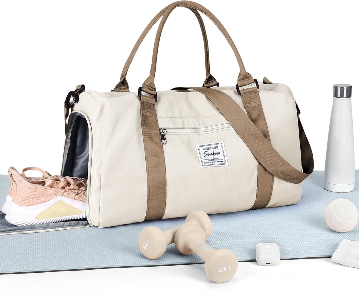 SnelShoppen - Sports Bag Duffle Bag Beige Bruin met Schoencompartiment en Droog/Wet Compartiment - Fitness Tas Weekendtas Reistassen voor Vrouwen en M