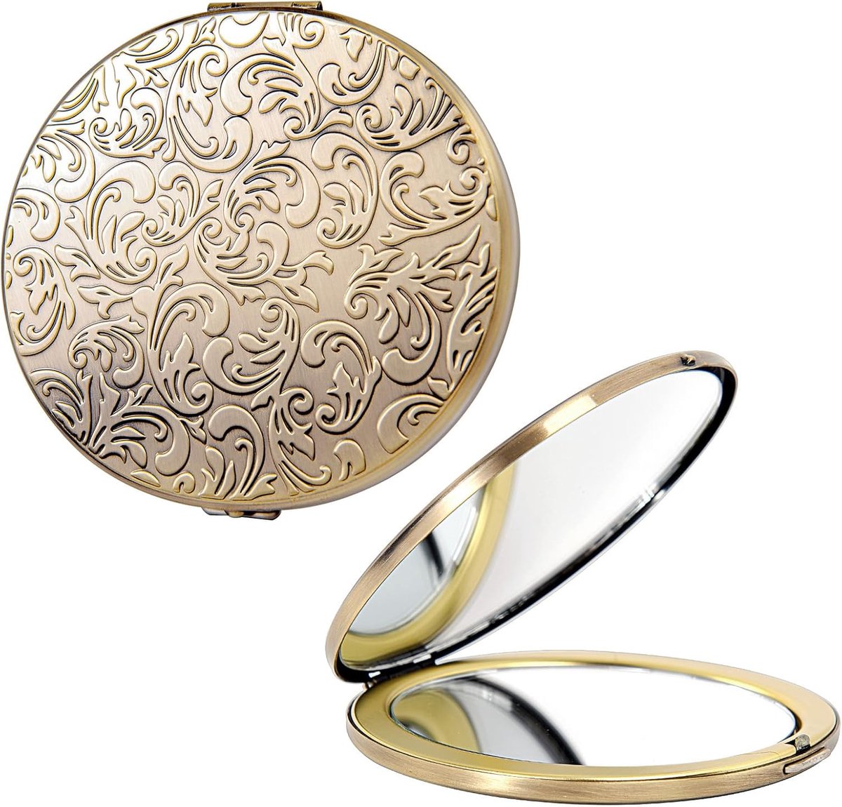 SnelShoppen - Oval Mini Vouwspiegel - Praktische, Compacte, Robuuste en Duurzame Metalen Spiegel - 1X/2X Vergroting - Bronzen Elliptisch Patroon - Ide