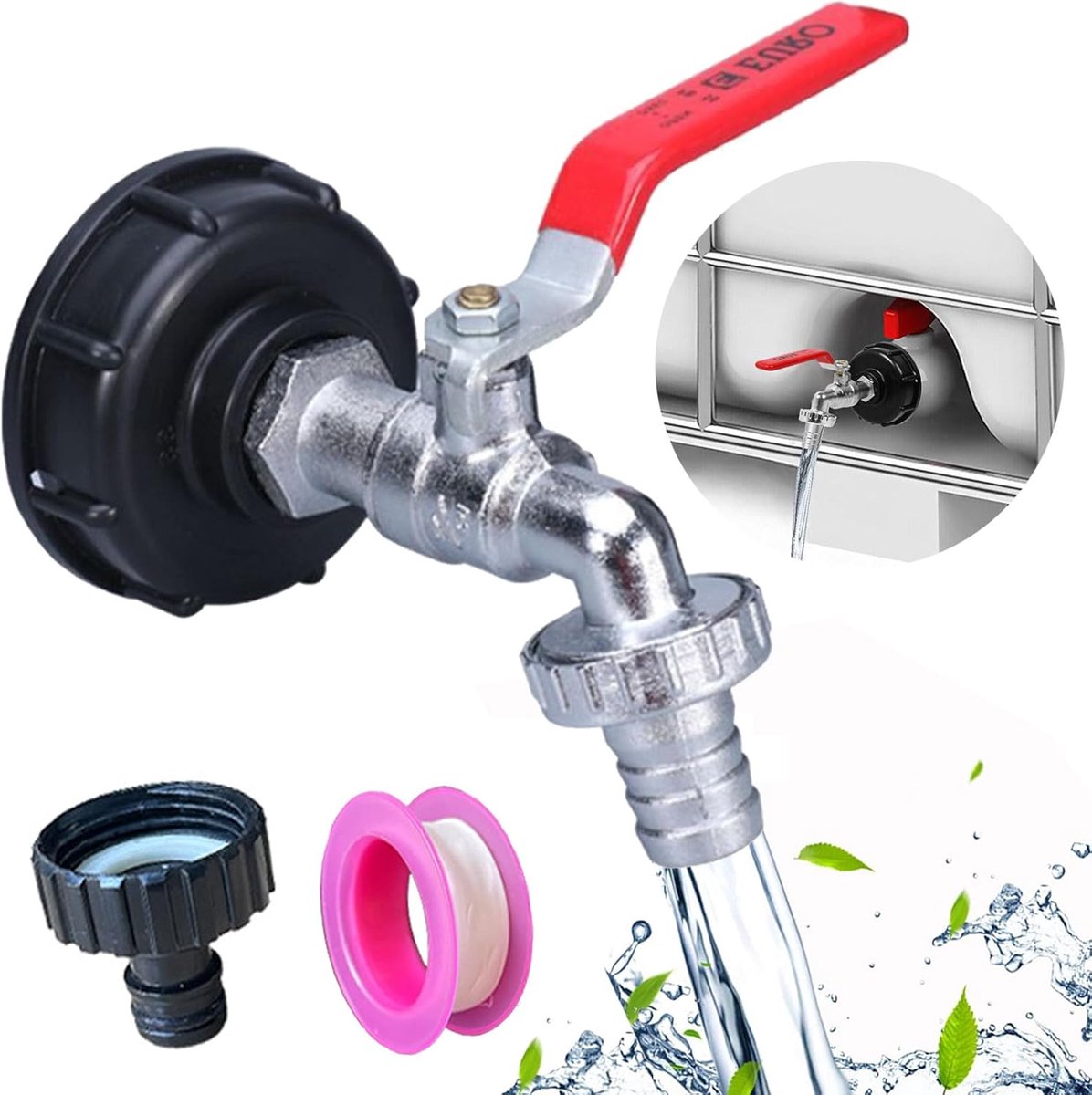 SnelShoppen - IBC Drain Tap 1000L Water Tank - Alloy Water Tap, 3/4 Inch Ball Valve, IBC Adapter voor Regenwater Tank, Tuin, Camping, Accesoires
