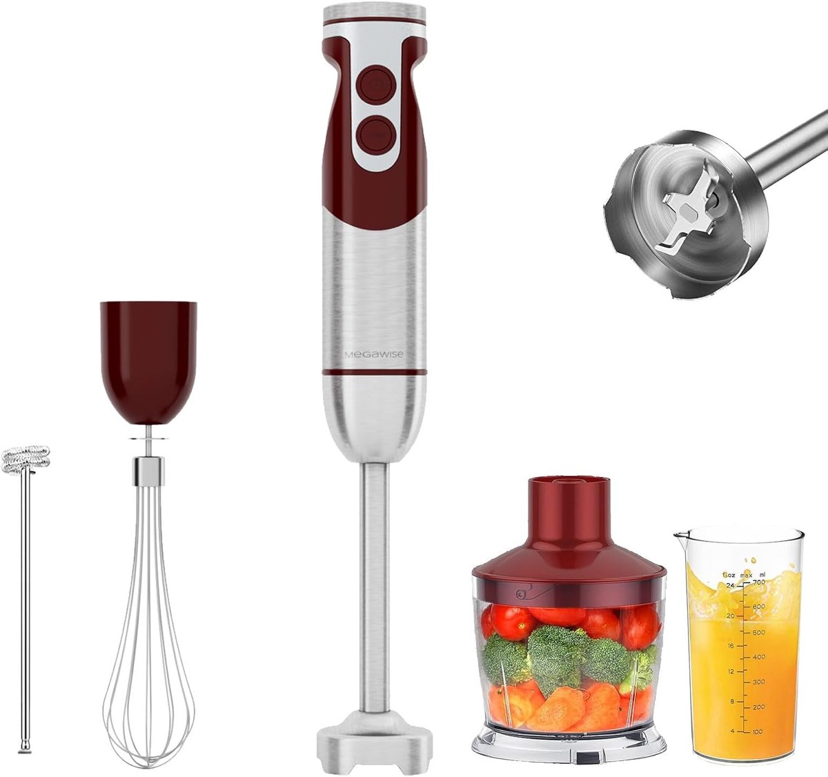 SnelShoppen - 5-in-1 Staafmixer met 12 Snelheden, Vol koper Motor, Titanium Mixstaaf, 600ml Mengbeker, 500ml Hakker, Klopper en Melkschuimer in Rood -
