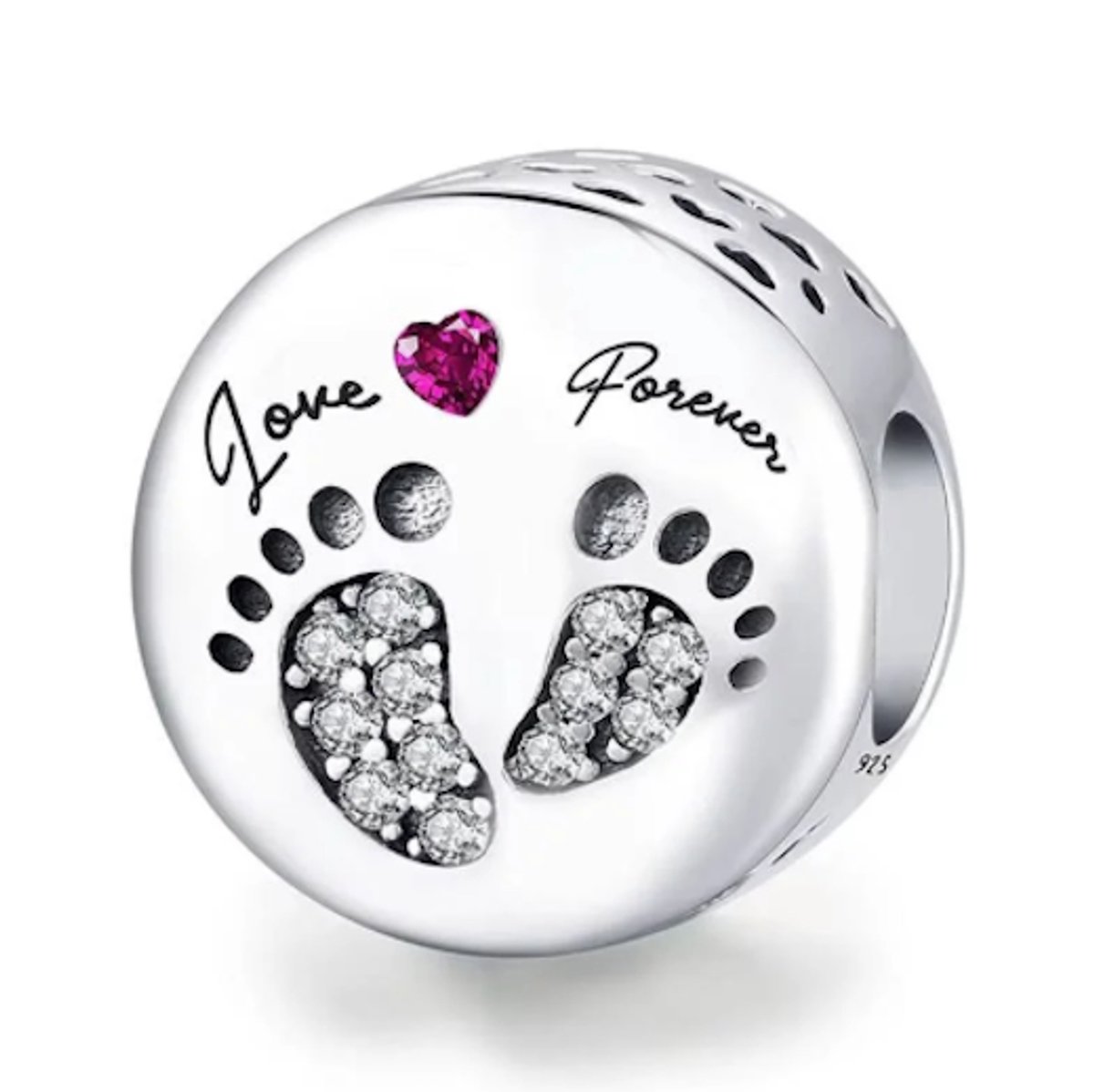 Fler® | Bedel | Past op populaire bedelarmbanden (standaard - 3mm) | Voetafdruk bedel 'Love Forever' | Hangbedel Charm | 925 sterling zilver | Transparante & fuchsia zirkonia | Valentijnsdag Cadeau | Sinterklaas kado | Kerstcadeau | Verjaardag