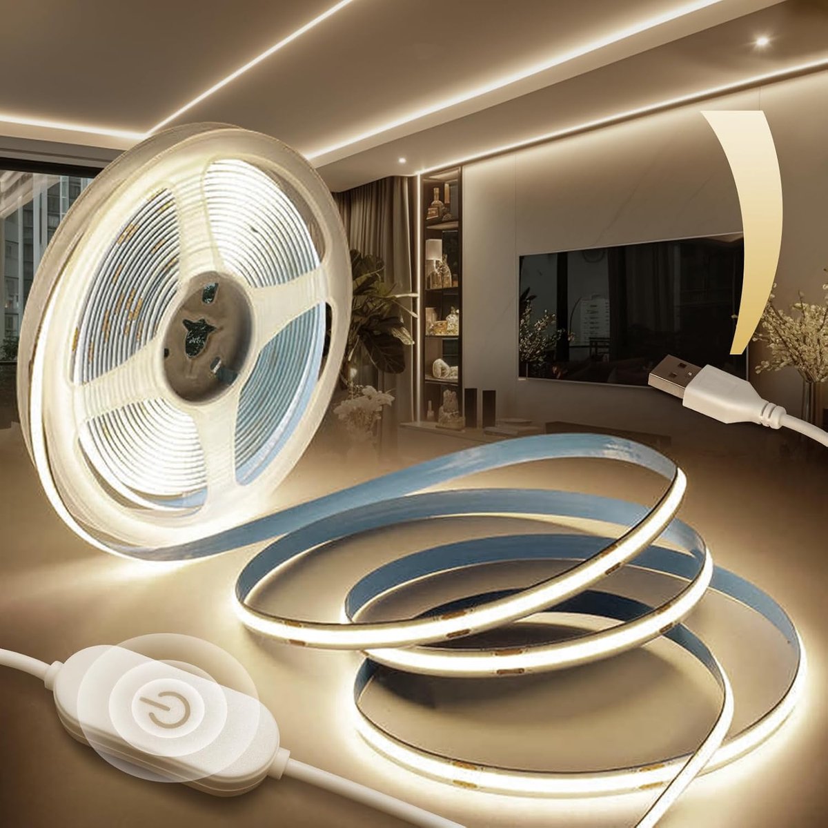 SnelShoppen - USB 5V Dimbare COB LED Strips 2M Zelfklevend 320 LEDs/M Natuurlijke Wit 4000K Voor TV Verlichting, Slaapkamer, Keuken en Spiegel Decorat