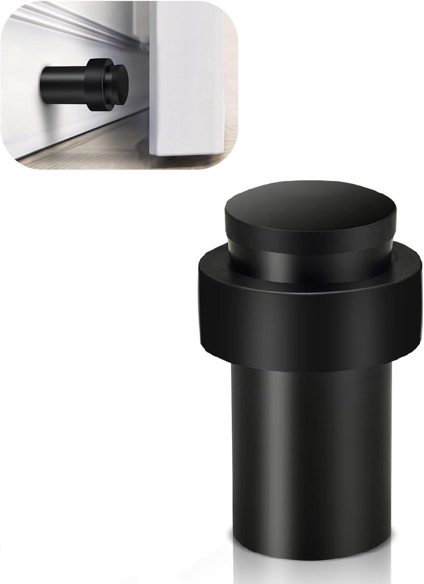 SnelShoppen - Door Stopper RVS Vloermontage Zwart - Hoogwaardige Deurstopper met Geluiddempende Rubberen Bumper - Modern Ontwerp voor Plinten - 1 Stuk
