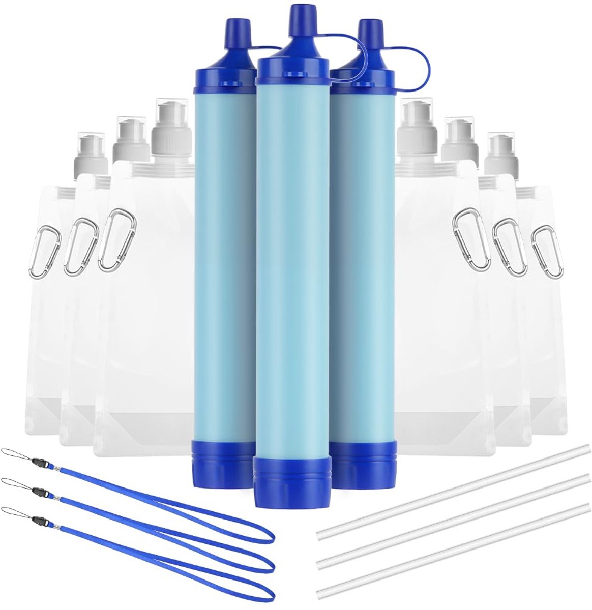 SnelShoppen - Persoonlijk Waterfilter met 4-Fase Filtratie, 3 Stuks Outdoor Waterfilter, Inclusief 2 Wateropslagzakken voor Kamperen, Hiking, Reizen e