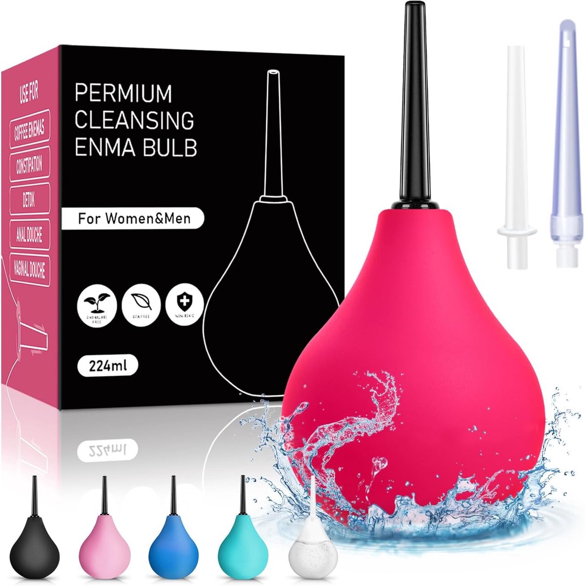SnelShoppen - Enema voor Darmreiniging 224ML, Butt Shower Irrigator voor Intiem en Vaginaal Gebruik - Veilig PVC, Ergonomisch Ontwerp, Wit Magenta