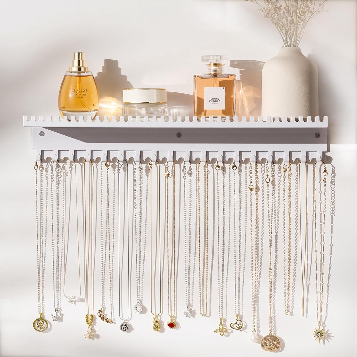 SnelShoppen - Jewelry Holder Wandmontage: Metalen Sieradenrek met 56 Haken en Lade, Opbergoplossing voor Kettingen en Oorbellen voor Vrouwen en Meisje
