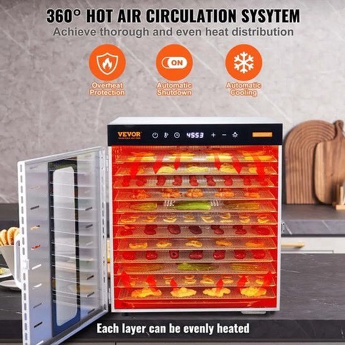 Vevor - Voedseldroger - Droogoven - Fruitdroger - Fruitdroger - 10 Schalen - 220V - 800W - Vlees Gedehydrateerd - Droogmachine - met Digitale Timer - Zilver
