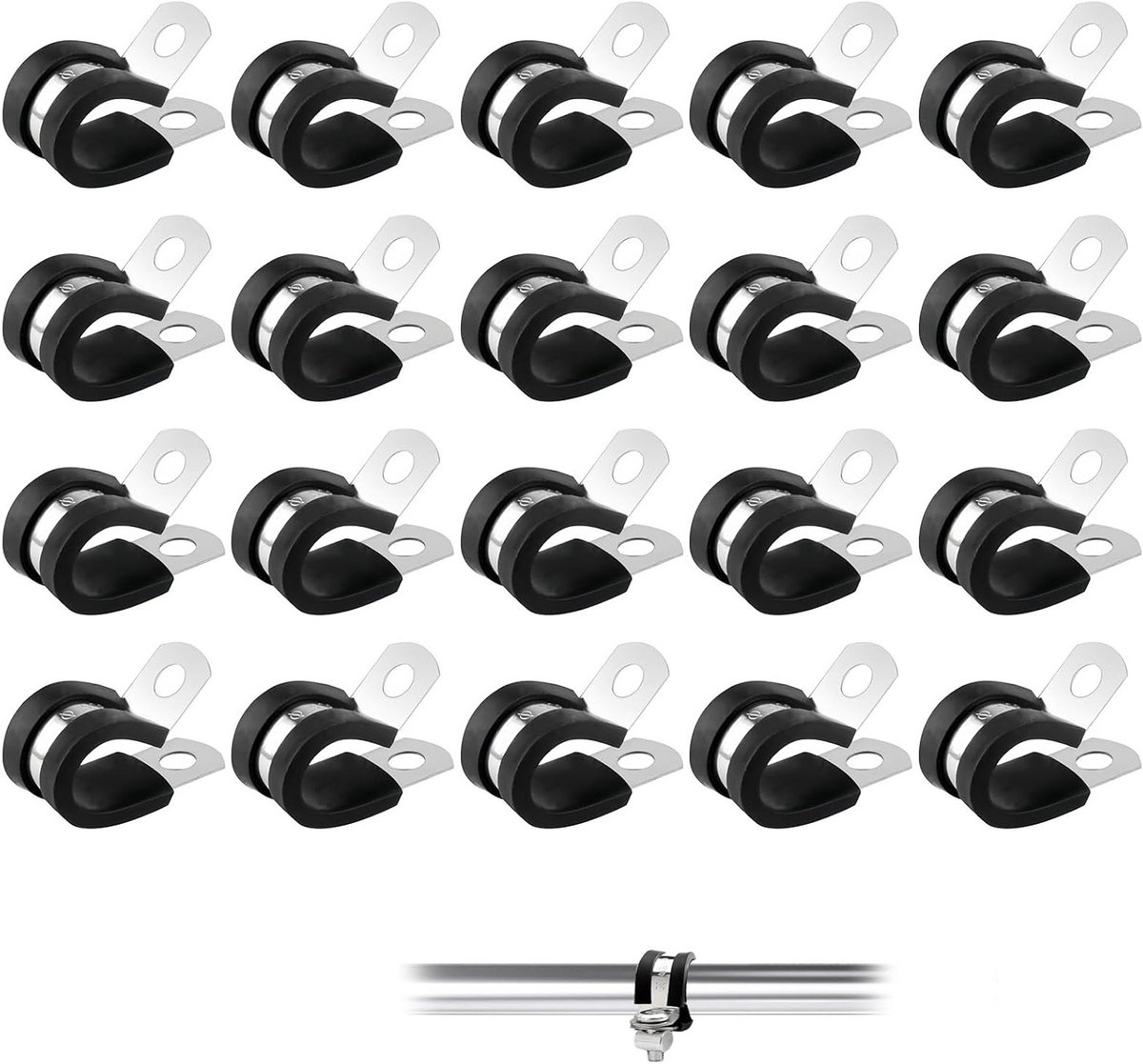 Roestvrijstalen Gewatteerde R-vormige Klemmen - 20 Stuks Slangklemmen voor Kabel en Draad, 8 mm Rubber Gevoerde P-Clips voor Veilig Bevestigen